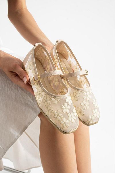 AlbiShoes Women's Ballerina Flats Mesh Flower Embroidered Lightweight Comfortable Sole Stylish Ballerina Shoes Daily Women's Ballerinas