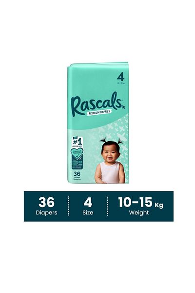 Rascals Premium Baby Diapers - Size 4, 10-15 kg, 36 Count