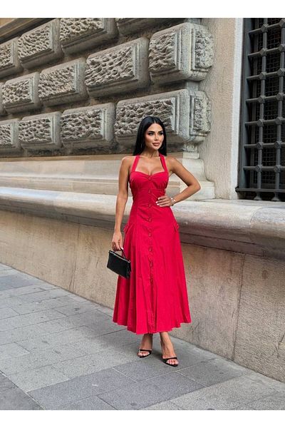 Stil Sepeti Women's Red Halter Neck Lined Pocket Detailed Buttoned Long Poplin Dress Ely-10001731