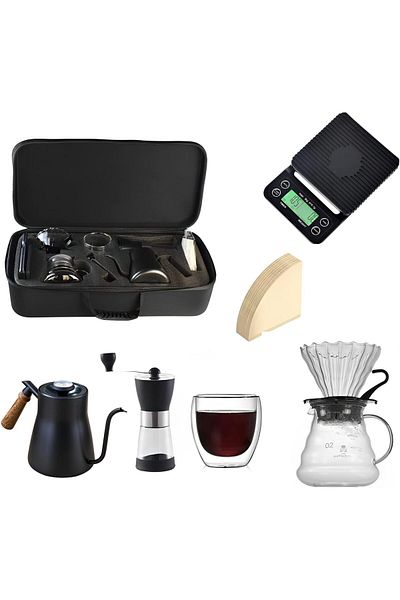 Saharaz V60 Drip Coffee Maker Set,With Travel Case,Wooden Handle Kettle,Scale with Timer,Black,850ml