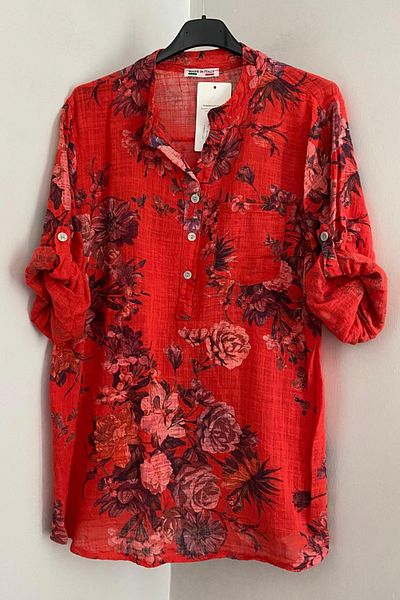 AYASOFYA OTANTIK Women's Italian Red Floral Patterned Button Detailed Folding Orphan Sleeve 100% Cotton Blouse Tunic