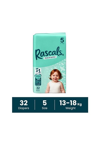 Rascals Premium Baby Diapers - Size 5, 13-18 kg, 32 Count