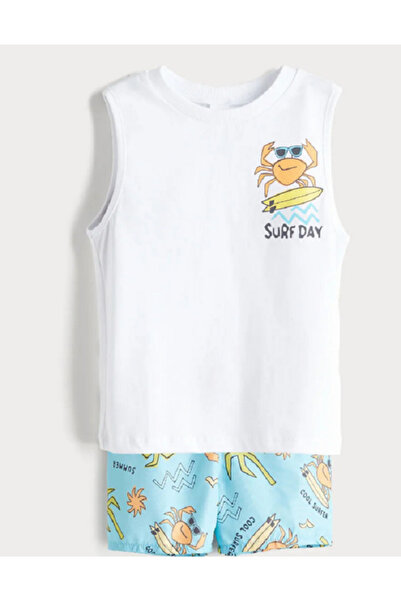 LC Waikiki Beyaz Baskılı Erkek Çocuk Yüzme Tişört ve Şort 2'li