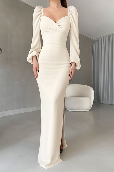 Deafox Μπεζ Princess Sleeve Slit Detail Sweetheart γιακά Εισαγόμενο κρεπ ύφασμα μακρυμάνικο φόρεμα