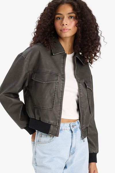 DeFacto Polo Collar Zipper Pocket Faux Leather Jacket Coat E8536Ax25Au