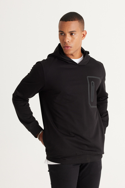 AC&Co / Altınyıldız Classics Ανδρικό φούτερ από βαμβάκι με κουκούλα κανονικής κοπής, μαύρη κανονική εφαρμογή