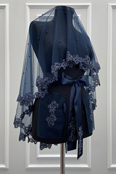 ZEYMERADE طقم ستارة عروس باللون الأزرق الداكن، مطرز بالخرز الزجاجي واللؤلؤ، ط...