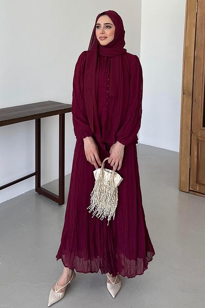 Pasaklıkontes Kraşlı Chiffon Skirt Suit Burgundy