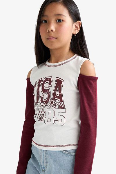 DeFacto Girls Slim Fit Slim Fit Crew Neck Printed Rib Long Sleeve T-Shirt F7582A825Au