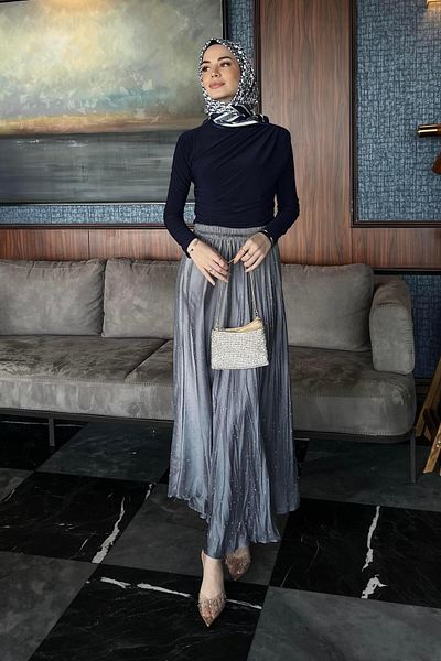 Moda Ebrar Stoned Kraş Satin Skirt Gray