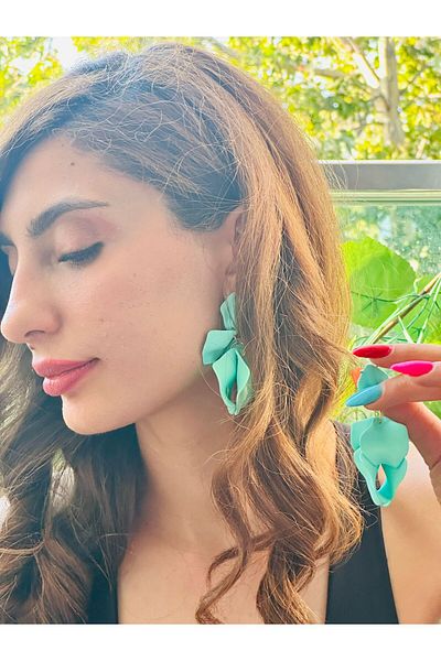 Gönülden Tasarım Leaf Design Women's Earrings 7 cm Turquoise
