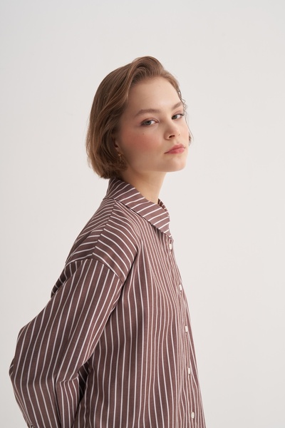 EBU Prive Γυναικείο πουκάμισο Poplin Basic ριγέ καφέ