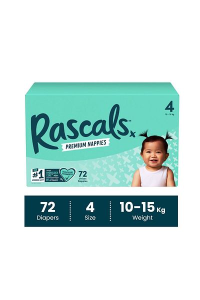 Rascals Premium Baby Diapers Jumbo Box - Size 4, 10-15 kg, 72 Count