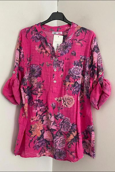 AYASOFYA OTANTIK Women's Italian Fuchsia Floral Patterned Button Detailed Folding Orphan Sleeve 100% Cotton Blouse Tunic