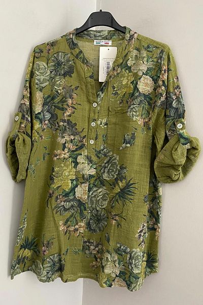 AYASOFYA OTANTIK Women's Italian Oil Green Floral Patterned Button Detailed Folding Orphan Sleeve 100% Cotton Blouse Tunic