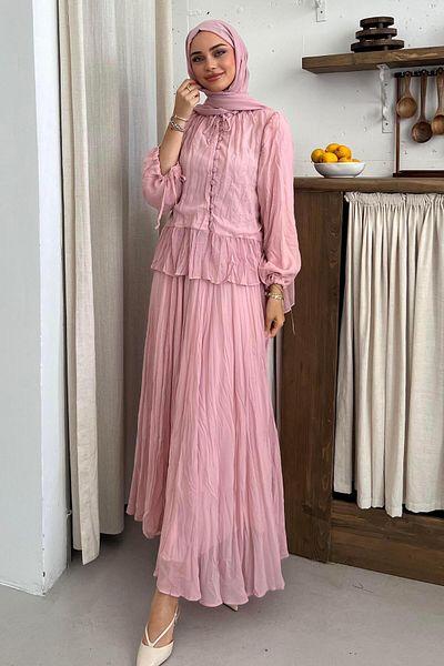 Pasaklıkontes Kraşlı Chiffon Skirt Suit Pink