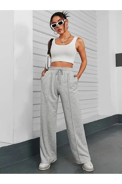 GERLAY Women's Comfortable Fit Gray Cemented Flat Leg Tracksuit Pants