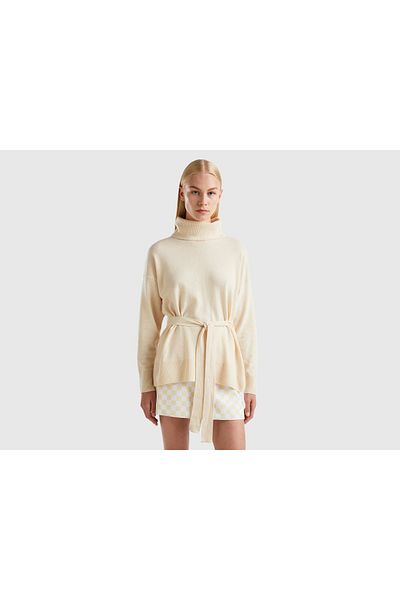 United Colors of Benetton Women's High-Neck Sweater with Oversized Belt