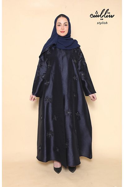 Stylish Navy blue wrap abaya with embroidered detailing on the front