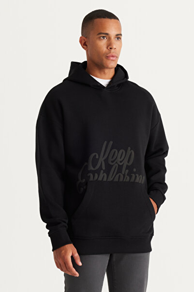 AC&Co / Altınyıldız Classics Schwarzes Herren-Sweatshirt mit Oversize-Passform, lockerer Passform, 3-fädig bedrucktes Kapuzenpullover mit Fleece-Innenseite