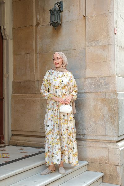 LOCCO Women's Watercolor Daisy Pattern Dress Yellow