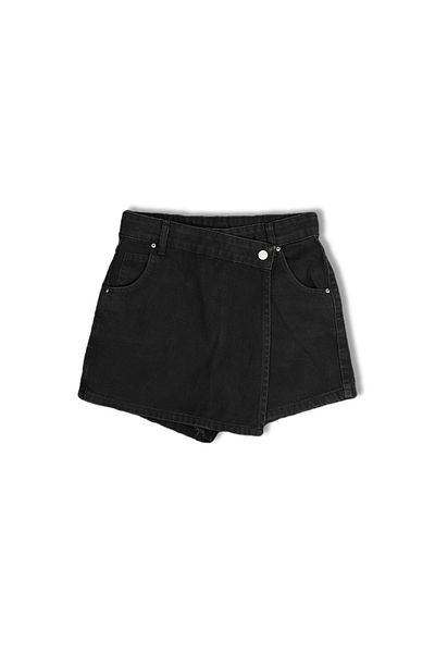 Bak Moda Pantaloni scurți din denim negru cu detaliu de buzunar și închidere cu patentă