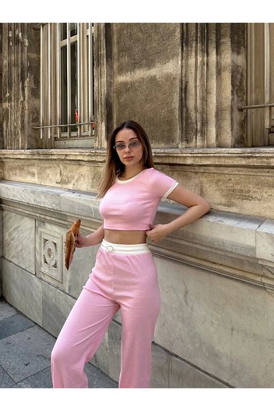 alluria Gun Tower Crop Pants Piping Suit Pink