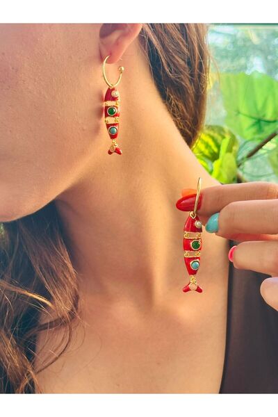Gönülden Tasarım Steel Ring Red Fish Women's Earrings 6 cm