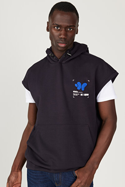 AC&Co / Altınyıldız Classics Чоловічий темно-синій бавовняний світшот вільного крою з капюшоном і коротким рукавом