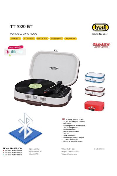 Trevi Portable battery-powered record player Bluetooth USB vinyl 33/45/78 rpm