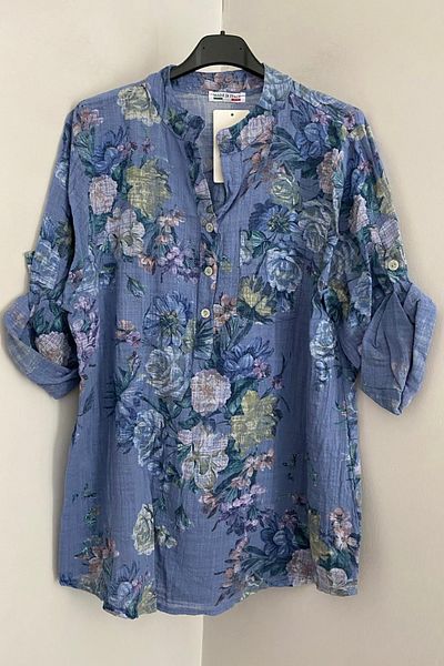 AYASOFYA OTANTIK Bluză tunică din bumbac 100% pentru femei, albastru indigo italian, cu model floral, cu detaliu de nasturi