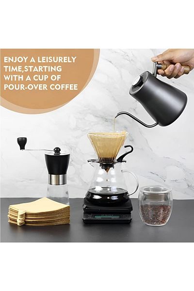 Saharaz V60 Drip Coffee Maker Set,With Travel Case,Wooden Handle Kettle,Scale with Timer,Black,850ml