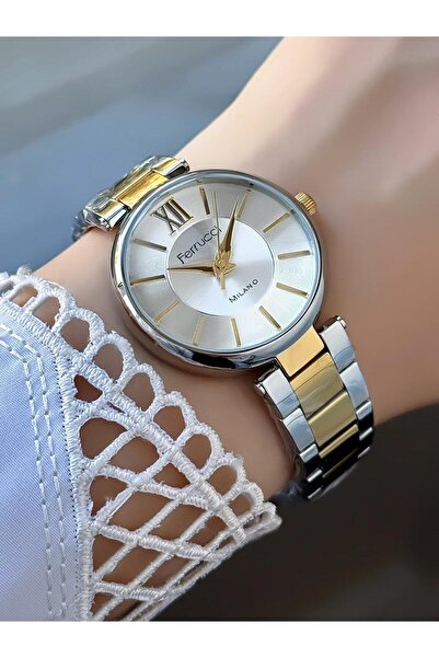 Ferrucci ساعة يد نسائية ميلانو – تفاصيل أرقام رومانية، حبل معدني بلونين