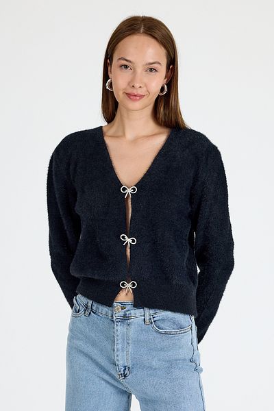 Rays Black Stone Bow Button Women's Knitwear Cardigan 6803