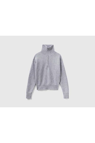 United Colors of Benetton Women's Long Sleeve Solid Zip-Up Sweater