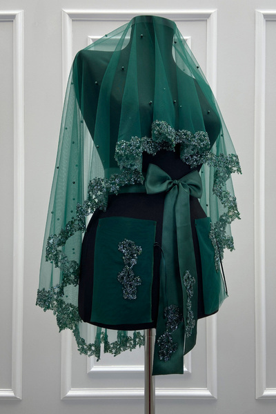 ZEYMERADE طقم ستارة العروس الخضراء مع خرز زجاجي ولؤلؤ، طقم ستارة ليلة الهينا ...