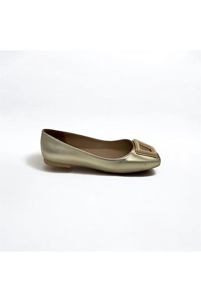 Rexba Women's Daily Gold Front Buckle Detail Office Business Trip Stylish Ballet Flat