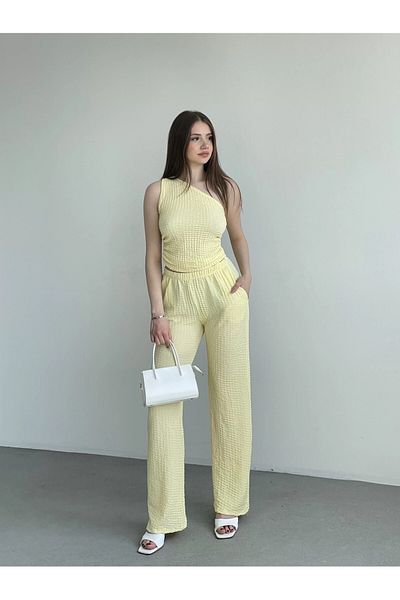 hazelin Women's Yellow Elastic Waist Seersucker Fabric Trousers Hzl24S-Zk13261
