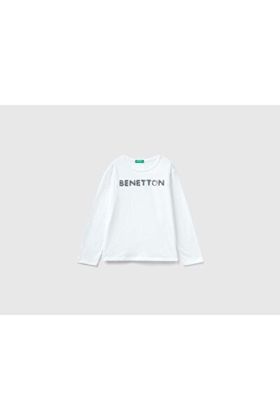 United Colors of Benetton تي شيرت قطني بأكمام طويلة للأطفال مع ترتر