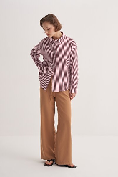 EBU Prive Kadın Poplin Basic Gömlek Çizgili Bordo