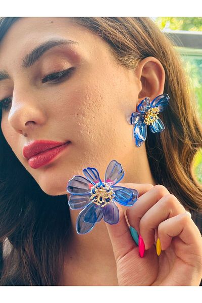 Gönülden Tasarım Flowered Mica Women's Earrings 7 cm Blue