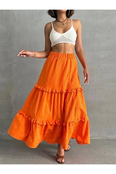 PETITE Tower with Guns Ruffle Brode Lined Long Skirt Orange S255047
