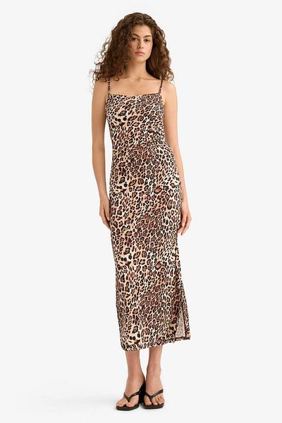DeFacto Bodycon Bodycon Leopard Print Μάξι Φόρεμα με λουράκια F9511AX25HS