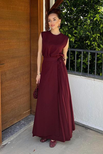 BİNAAR Linen Skirt Burgundy
