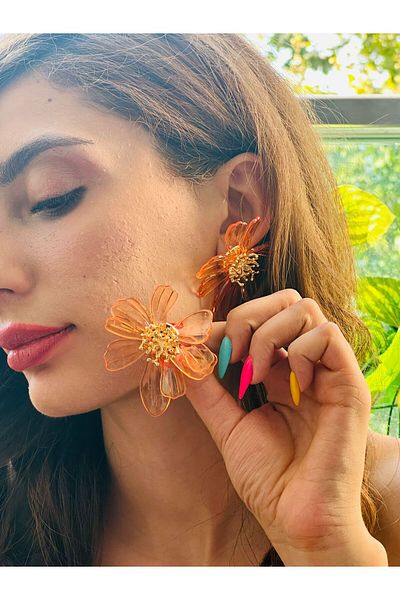 Gönülden Tasarım Flowered Mica Women's Earrings 7 cm Orange