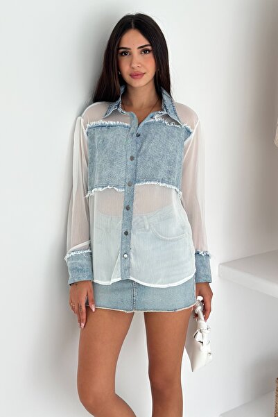 FEMELLE Women's Standard Size Denim Detailed Transparent Chiffon Shirt