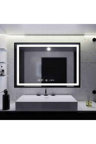 Marcello Funghi LED Bathroom Mirror 100x65cm with Black Frame, Sensor Vectro, Clock, Thermometer, Anti-fog, Shockpro