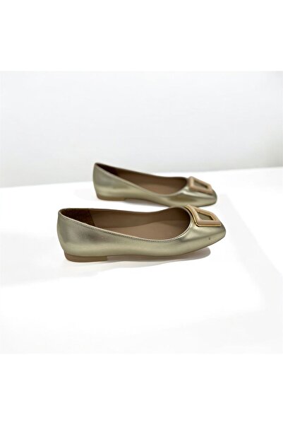 Rexba Women's Daily Gold Front Buckle Detail Office Business Trip Stylish Ballet Flat