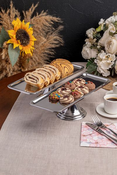 NEWTREND Züccaciye Luxury 2-Piece Rectangular Silver Standing Cake, Pastry, Cookie, Dessert, Catering, Dowry Presentation Serving Stand