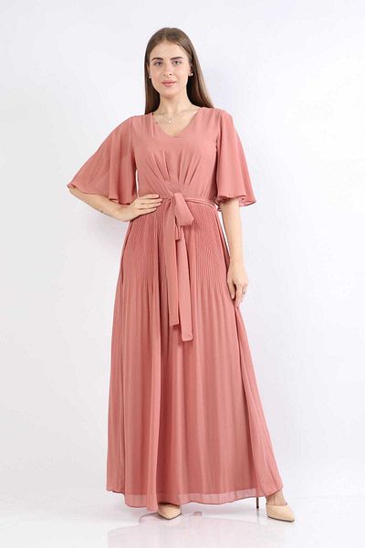 Nichii Pleated Long Dress with Short Sleeves and Chest Drape